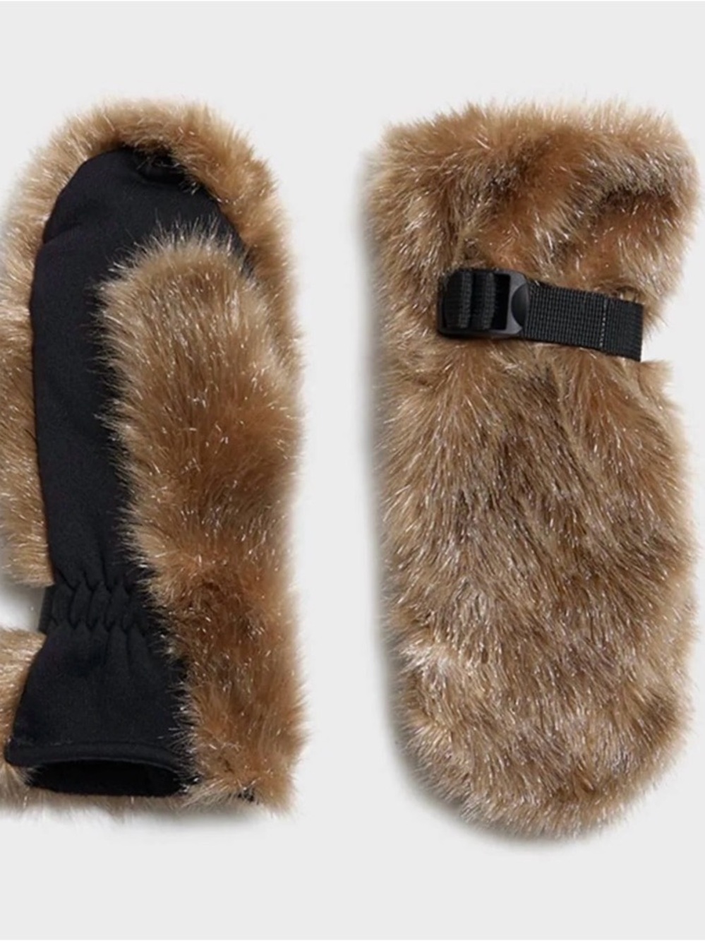 Apparis Brown Faux Fur Mittens with Black Strap
